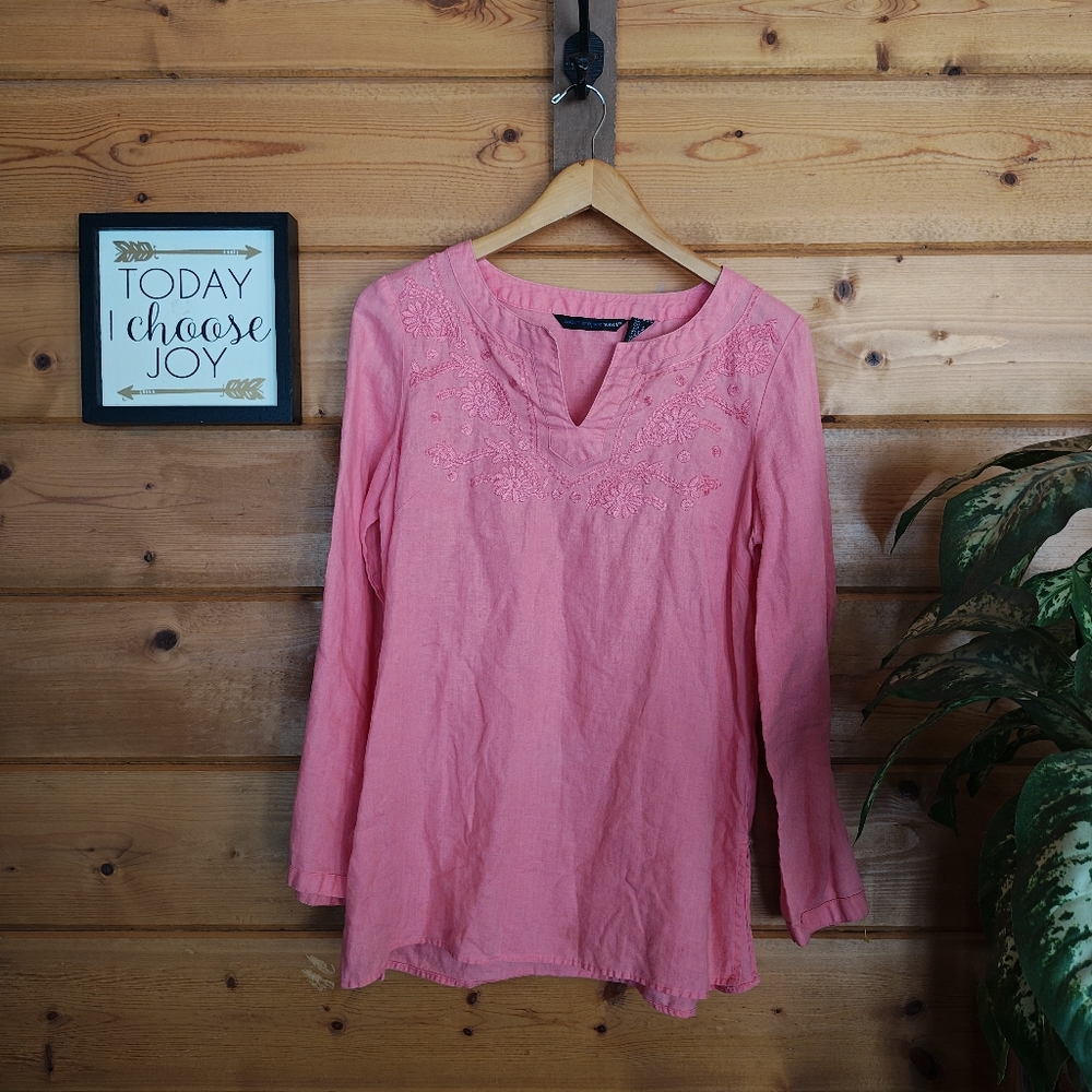 St. Tropez West Pink Floral Embroider 100% Linen Tunic Top Beach Resortwear Sz M